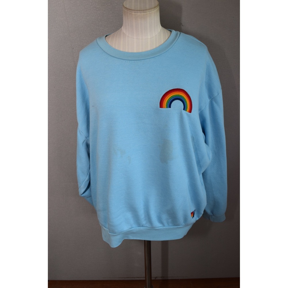Aviator Nation Sweatshirt Medium Blue Rainbow Patch Crewneck Womens FLAWS